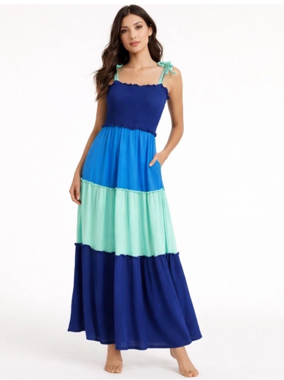 Tiered Blue & Teal Maxi Dress with Tie Straps